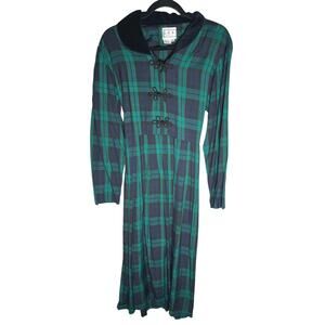 NWT Vtg 12P 80s 90s Trad Wife Green Tartan Plaid Tie Back Midi Dress Frog Button